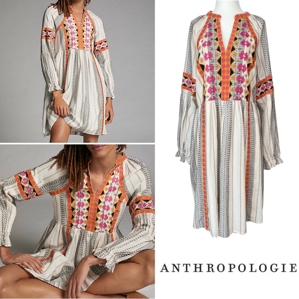 Anthropologie Lottie Embroidered Mini Dress L